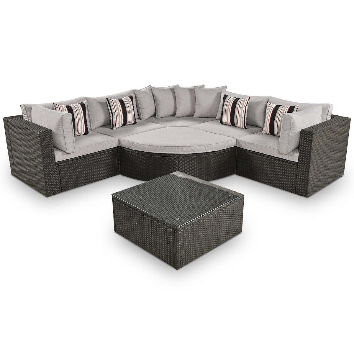 7-Piece Rattan Outdoor Wicker Conversation Sofa Set with Striped Green Pillows for Patio, Garden, Deck, Grey