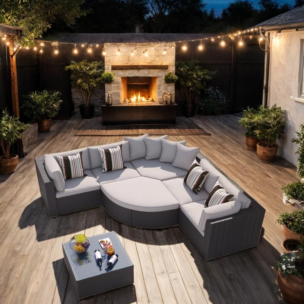 7-Piece Rattan Outdoor Wicker Conversation Sofa Set with Striped Green Pillows for Patio, Garden, Deck, Grey