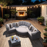 7-Piece Rattan Outdoor Wicker Conversation Sofa Set with Striped Green Pillows for Patio, Garden, Deck, Grey