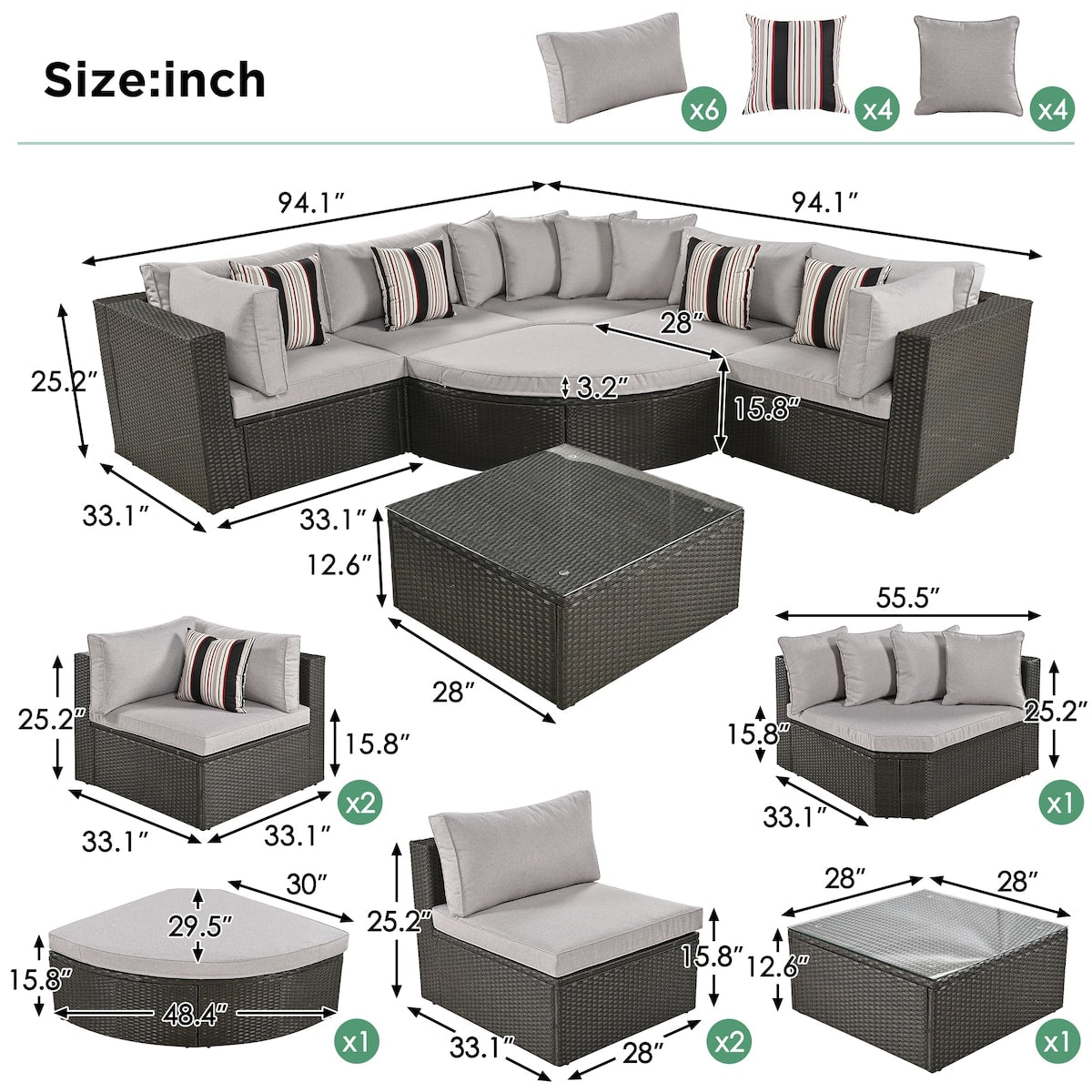 7-Piece Rattan Outdoor Wicker Conversation Sofa Set with Striped Green Pillows for Patio, Garden, Deck, Grey