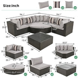 7-Piece Rattan Outdoor Wicker Conversation Sofa Set with Striped Green Pillows for Patio, Garden, Deck, Grey