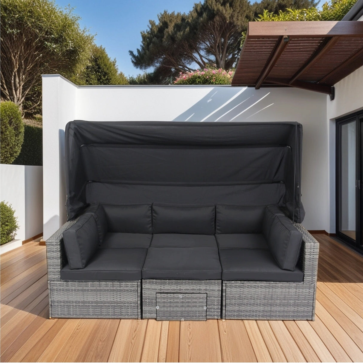 7-Piece Rattan Patio Sofa Set with Canopy