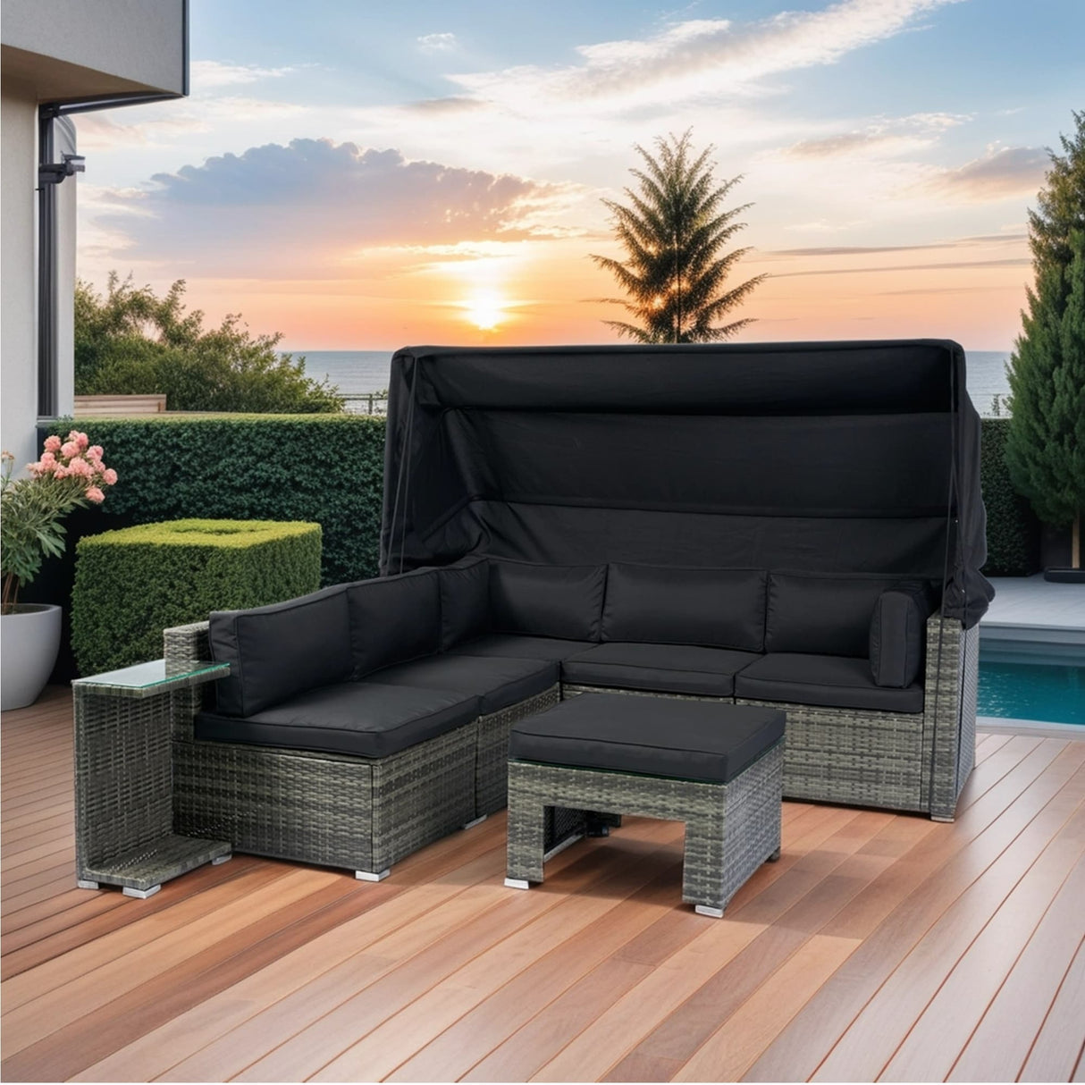 7-Piece Rattan Patio Sofa Set with Canopy