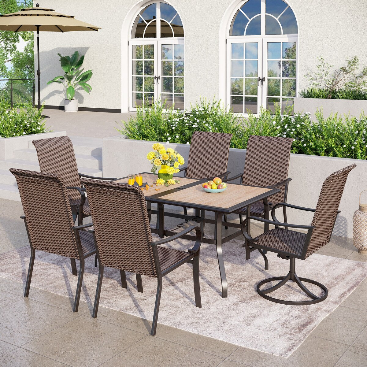 7-Piece Wood-look Table & 6 Rattan Swivel Chairs Outdoor Dining Set