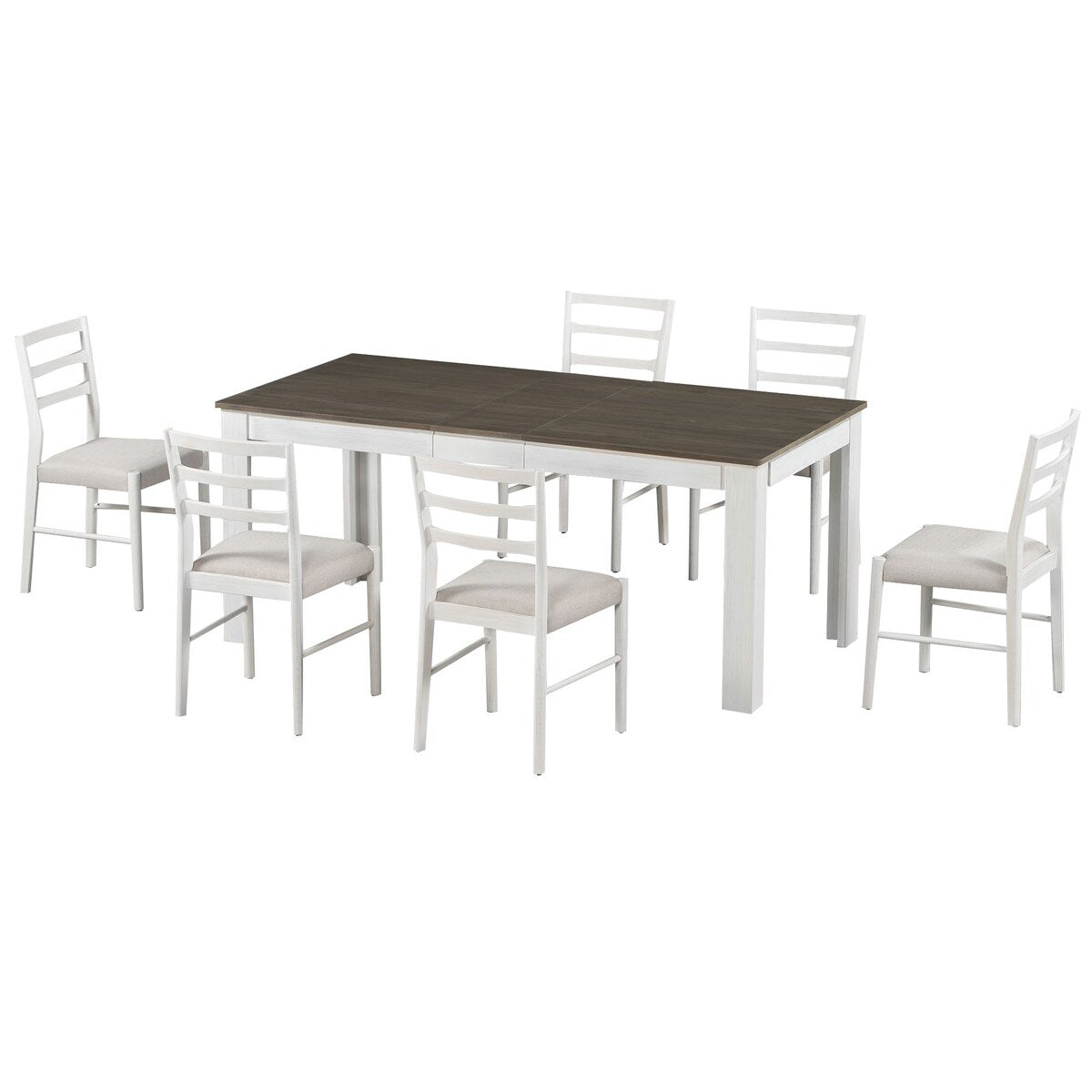 7-Piece Wooden Extendable Dining Table Set with 12" Leaf and 2 Drawers, 6 Chairs