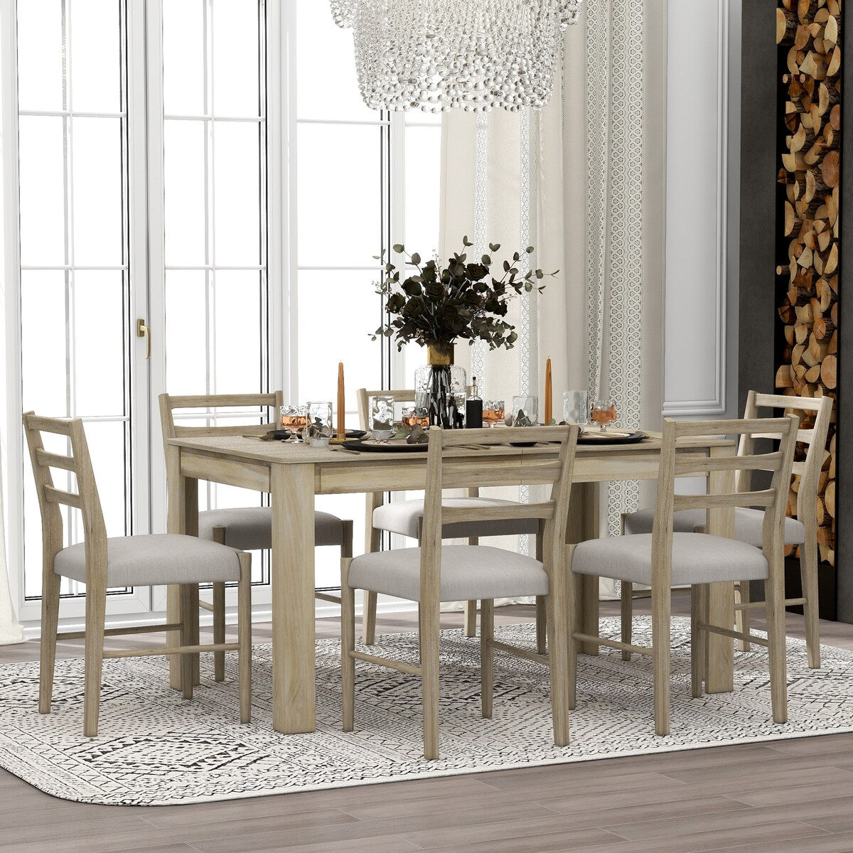 7-Piece Wooden Extendable Dining Table Set with 12" Leaf and 2 Drawers, 6 Chairs