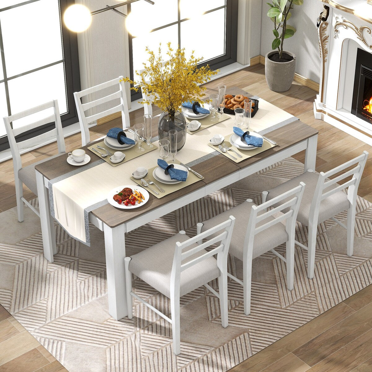 7-Piece Wooden Extendable Dining Table Set with 12" Leaf and 2 Drawers, 6 Chairs