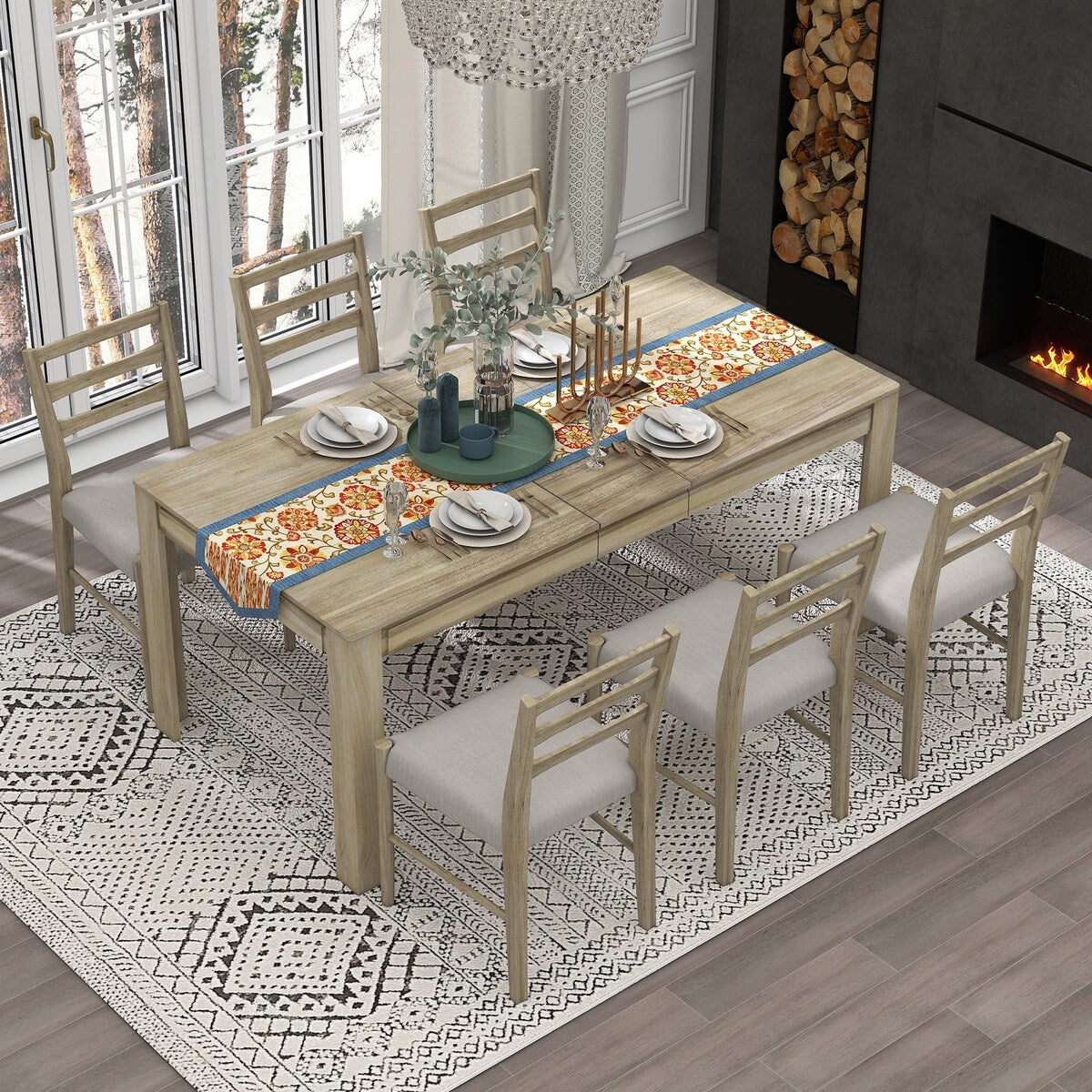 7-Piece Wooden Extendable Dining Table Set with 12" Leaf and 2 Drawers, 6 Chairs