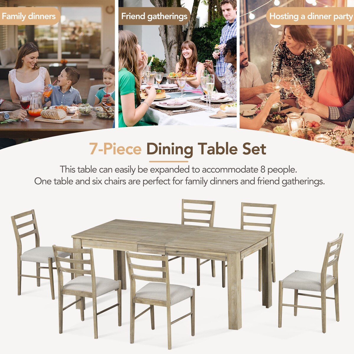 7-Piece Wooden Extendable Dining Table Set with 12" Leaf and 2 Drawers, 6 Chairs