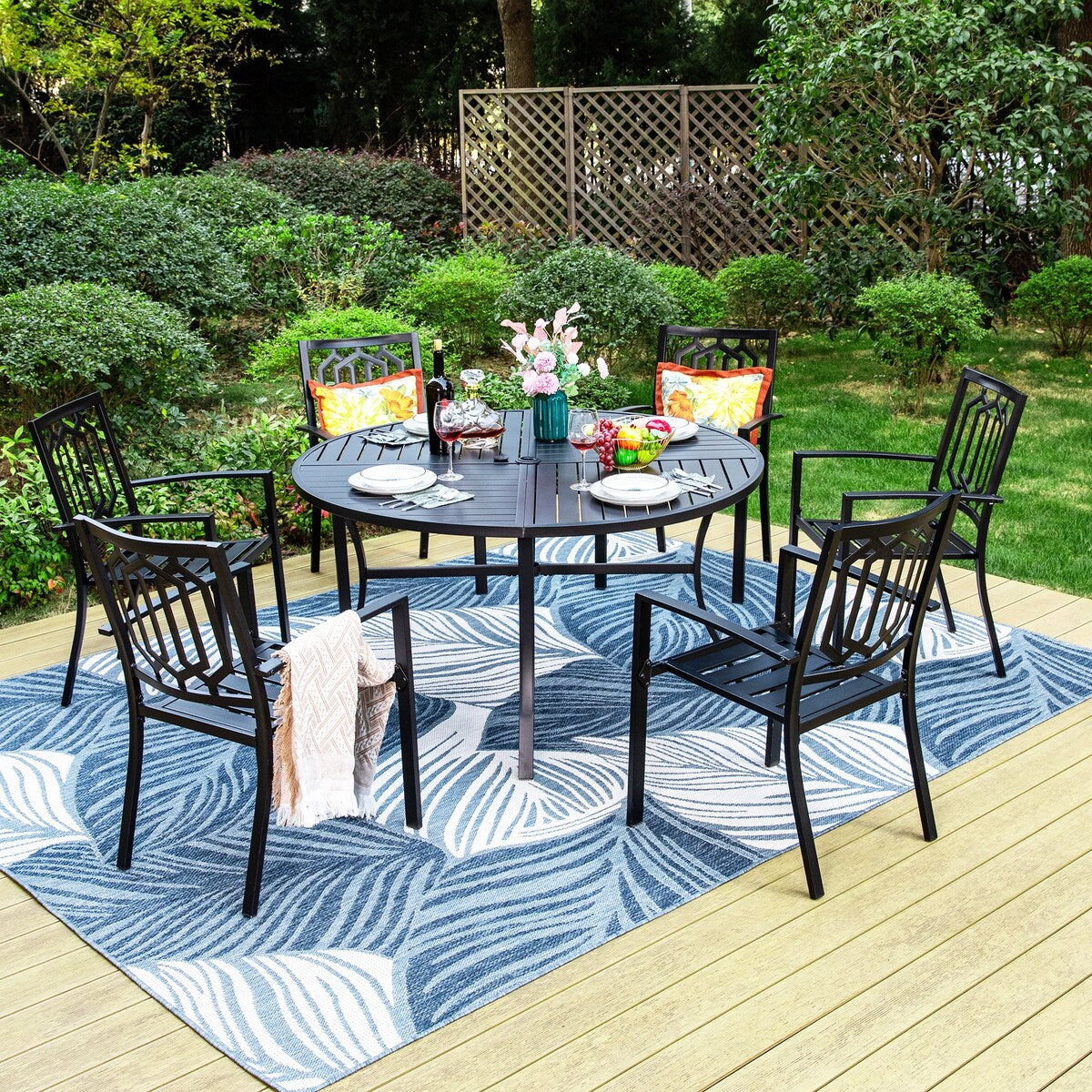 MAISON ARTS 7 Pieces Outdoor Dining Set for 6, Large Round Dining Table with Umbrella Hole & Stackable Metal Chairs