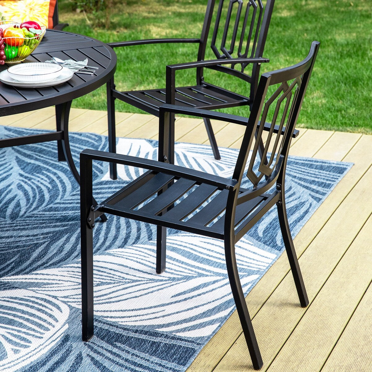 MAISON ARTS 7 Pieces Outdoor Dining Set for 6, Large Round Dining Table with Umbrella Hole & Stackable Metal Chairs
