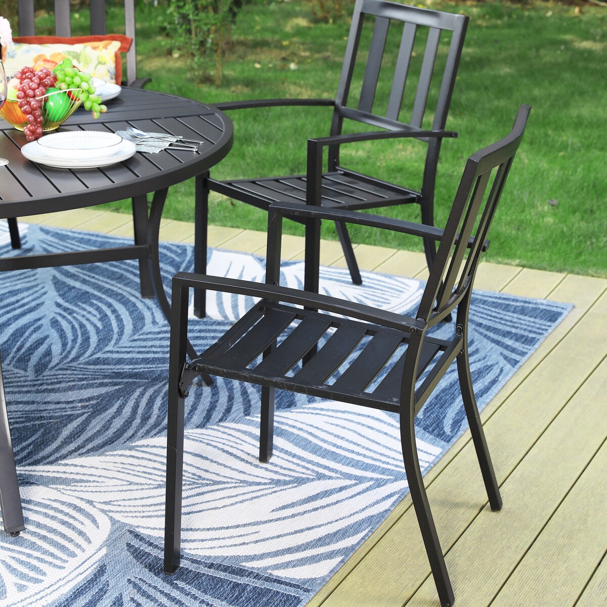MAISON ARTS 7 Pieces Outdoor Dining Set for 6, Large Round Dining Table with Umbrella Hole & Stackable Metal Chairs