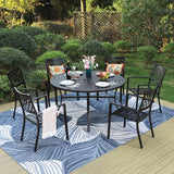 MAISON ARTS 7 Pieces Outdoor Dining Set for 6, Large Round Dining Table with Umbrella Hole & Stackable Metal Chairs