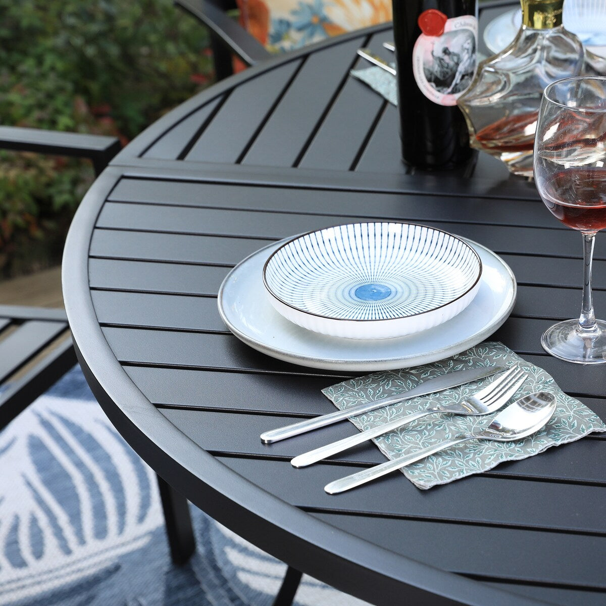 MAISON ARTS 7 Pieces Outdoor Dining Set for 6, Large Round Dining Table with Umbrella Hole & Stackable Metal Chairs