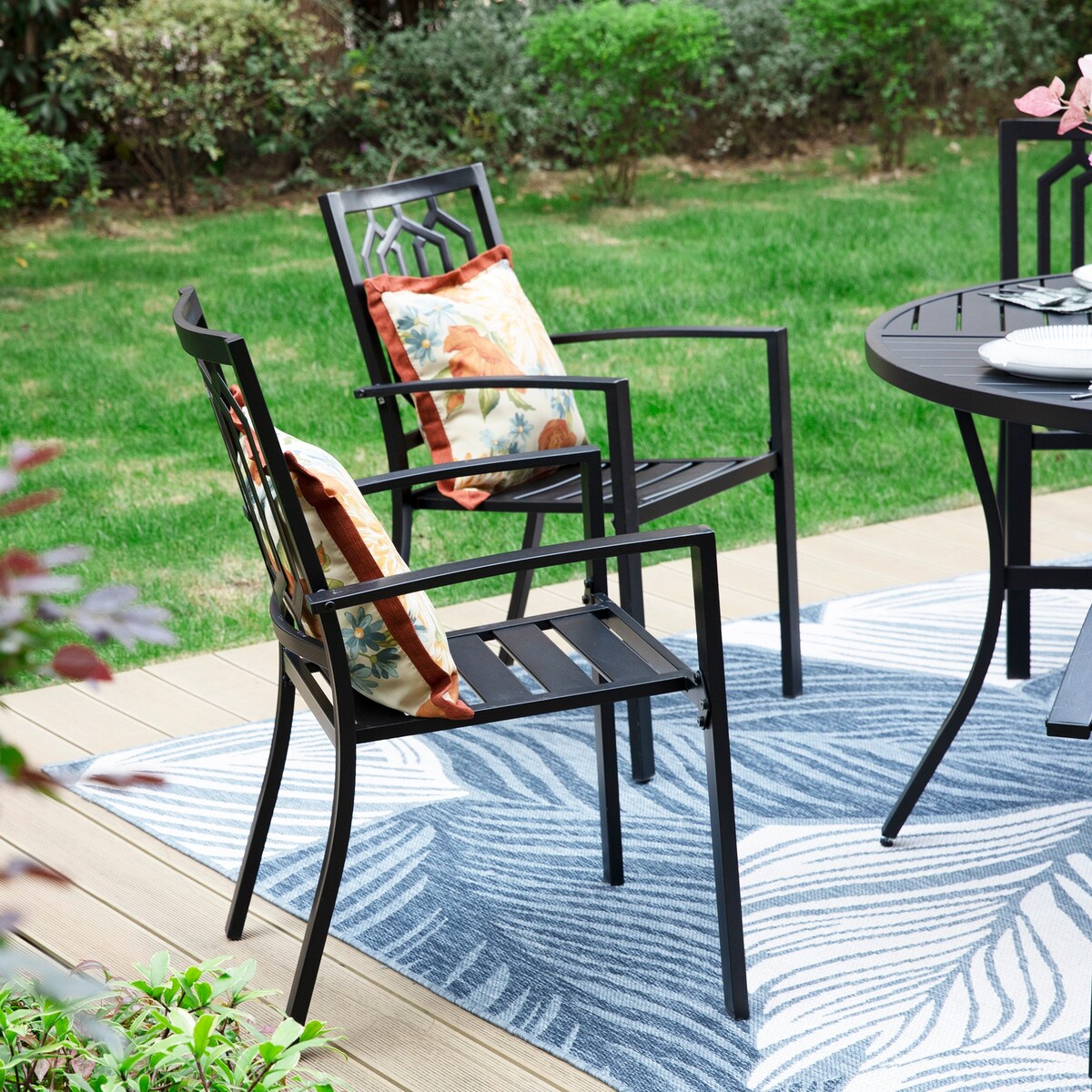 MAISON ARTS 7 Pieces Outdoor Dining Set for 6, Large Round Dining Table with Umbrella Hole & Stackable Metal Chairs