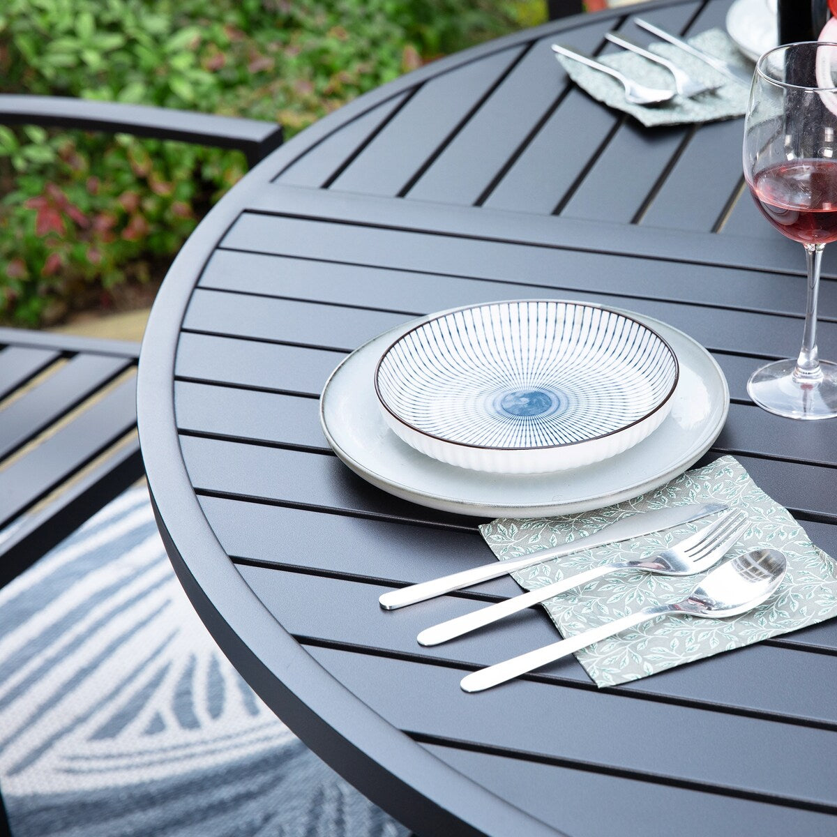 MAISON ARTS 7 Pieces Outdoor Dining Set for 6, Large Round Dining Table with Umbrella Hole & Stackable Metal Chairs