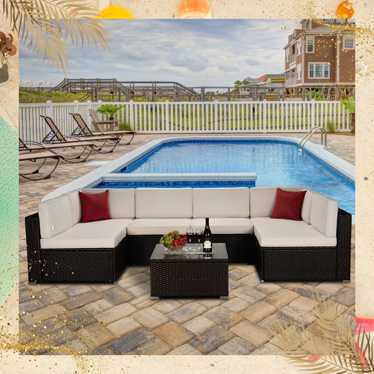 7-Pieces Outdoor Garden Patio Furniture Sets for 5-7, PE Rattan Wicker Sectional Cushioned Sofa Sets with 2 Free Pillows