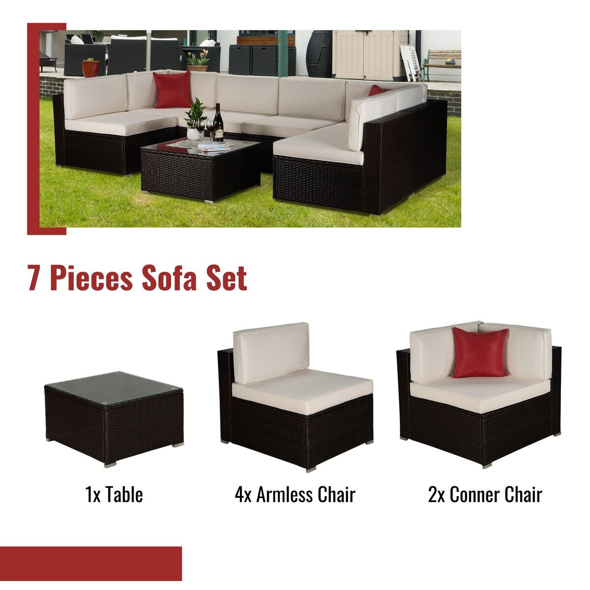 7-Pieces Outdoor Garden Patio Furniture Sets for 5-7, PE Rattan Wicker Sectional Cushioned Sofa Sets with 2 Free Pillows