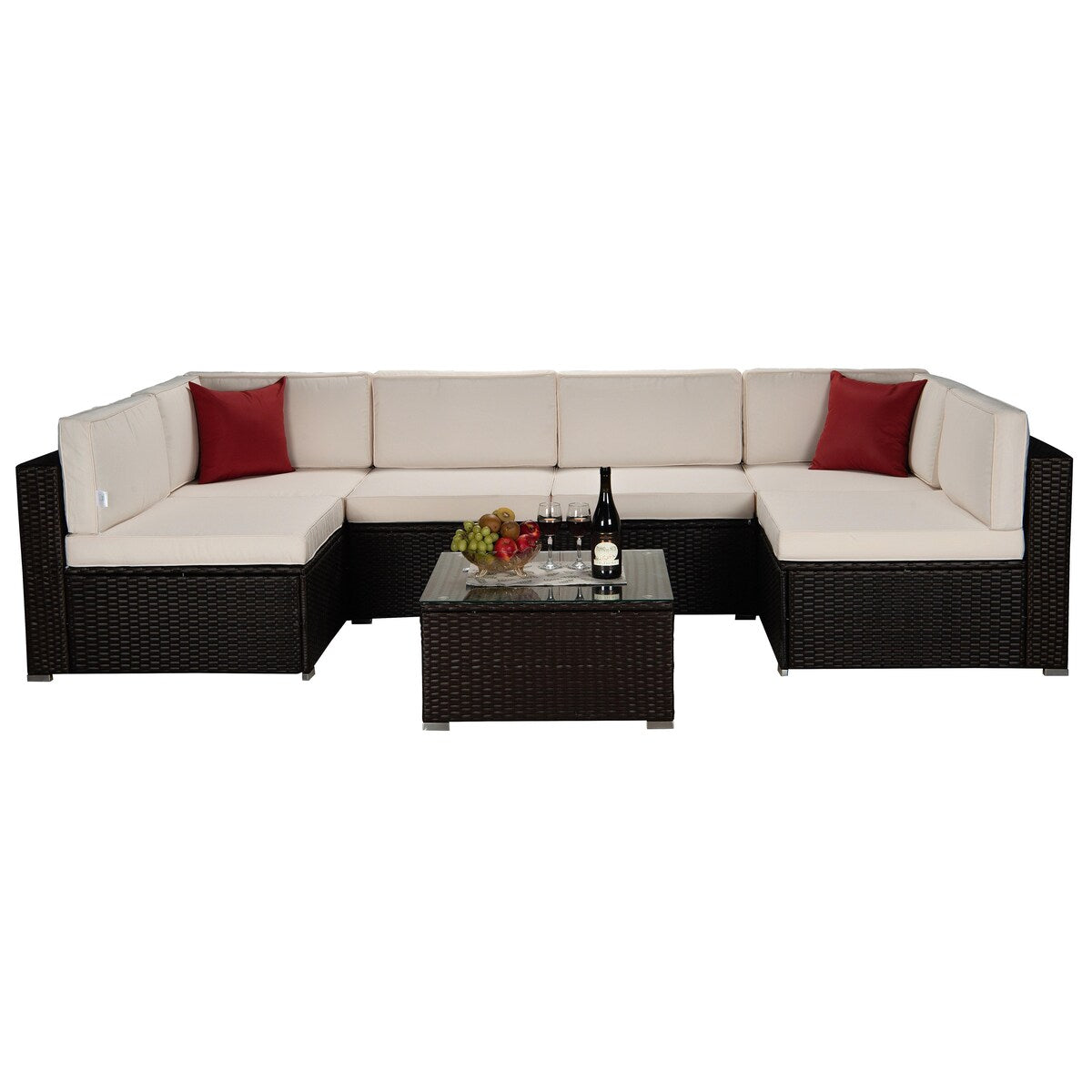 7-Pieces Outdoor Garden Patio Furniture Sets for 5-7, PE Rattan Wicker Sectional Cushioned Sofa Sets with 2 Free Pillows