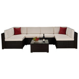7-Pieces Outdoor Garden Patio Furniture Sets for 5-7, PE Rattan Wicker Sectional Cushioned Sofa Sets with 2 Free Pillows