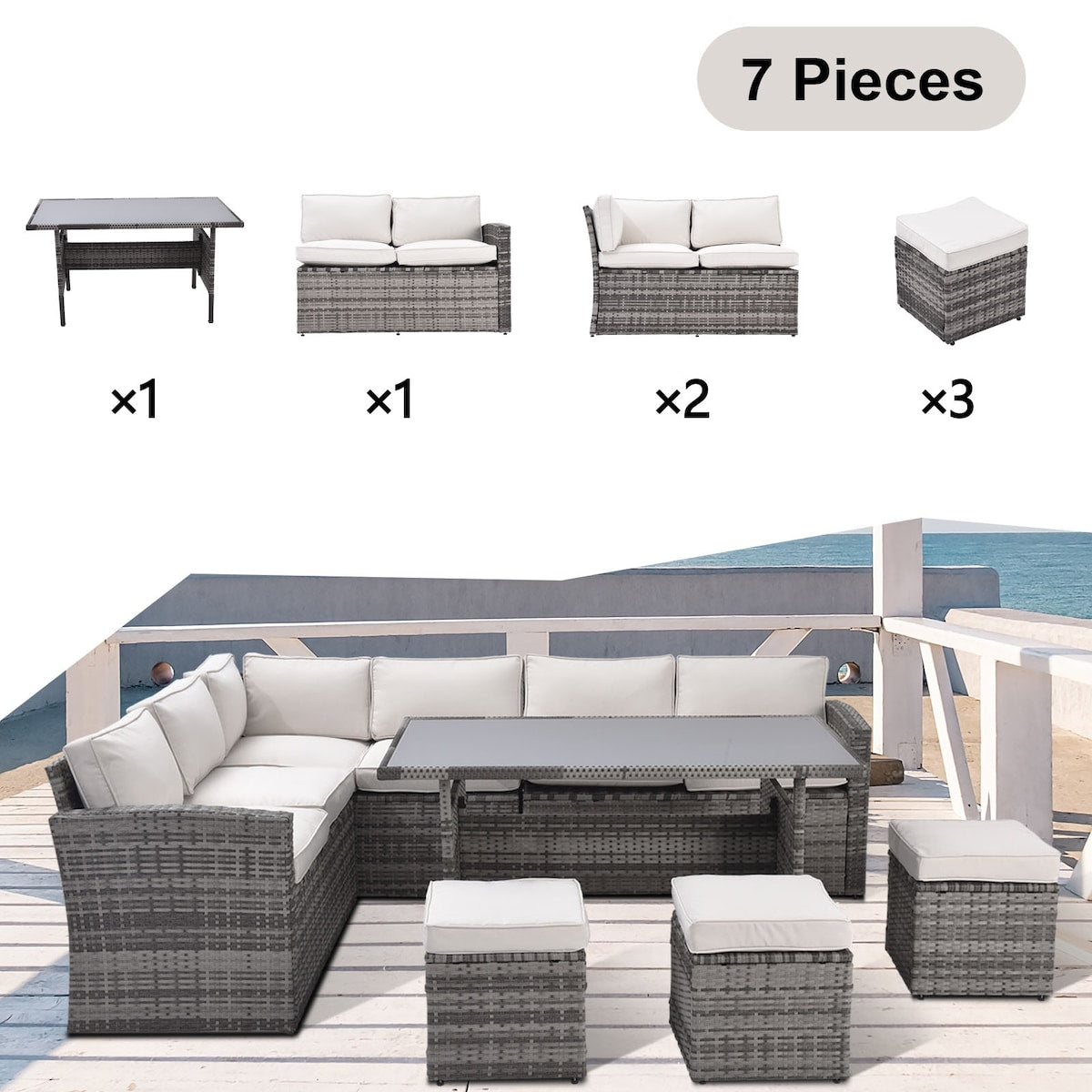 7 Pieces Outdoor Sectional Furniture Set with Table, Chairs & Ottomans