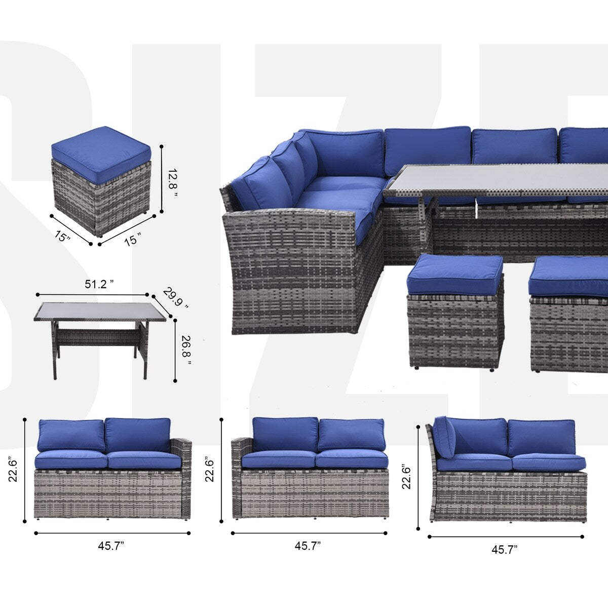 7 Pieces Outdoor Sectional Furniture Set with Table, Chairs & Ottomans