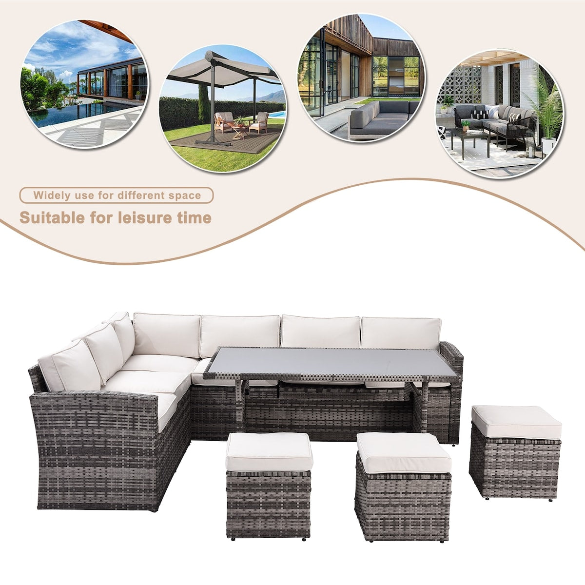 7 Pieces Outdoor Sectional Furniture Set with Table, Chairs & Ottomans