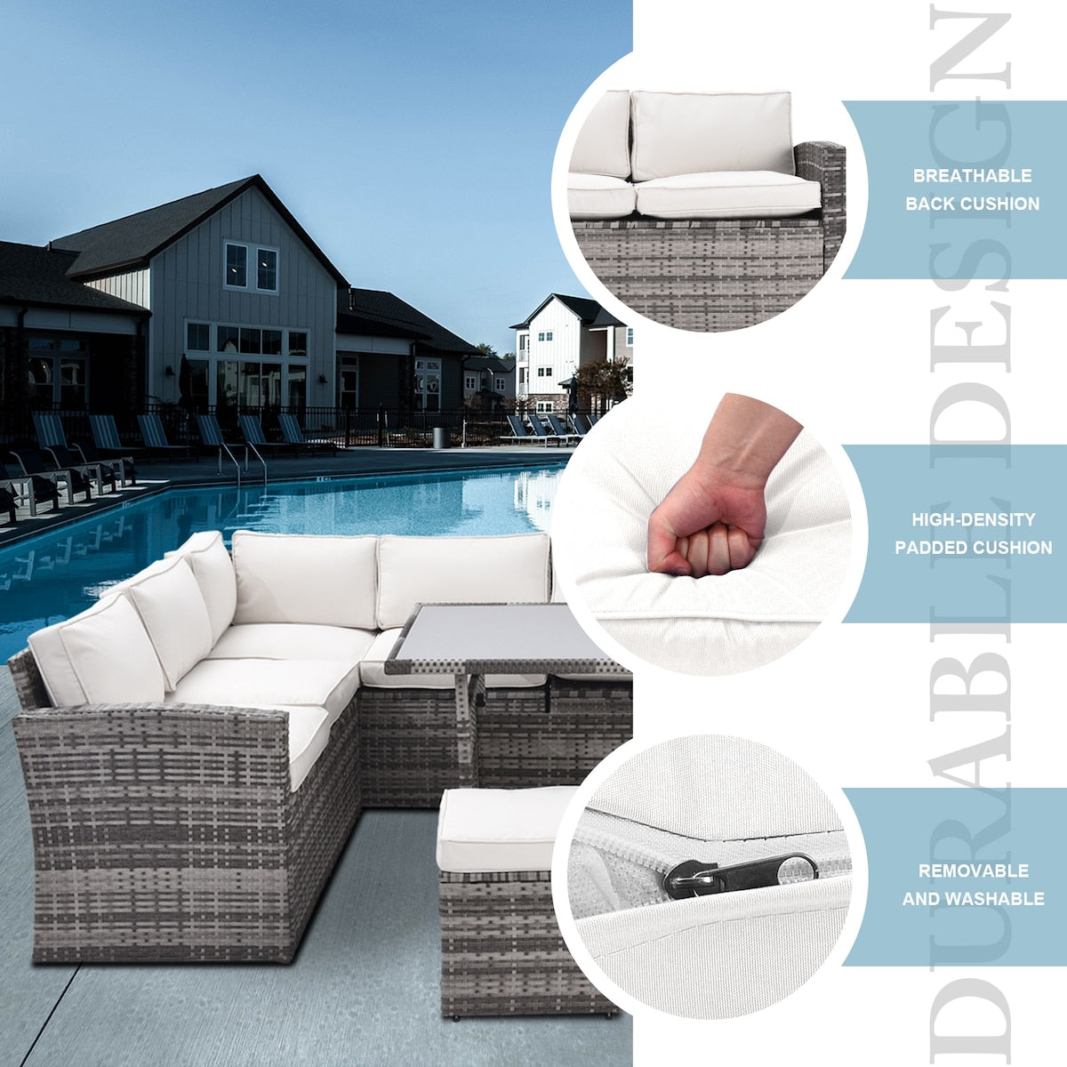 7 Pieces Outdoor Sectional Furniture Set with Table, Chairs & Ottomans