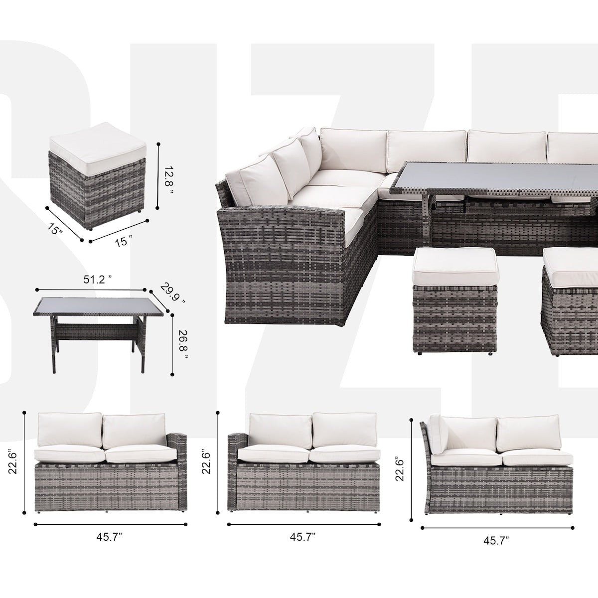 7 Pieces Outdoor Sectional Furniture Set with Table, Chairs & Ottomans