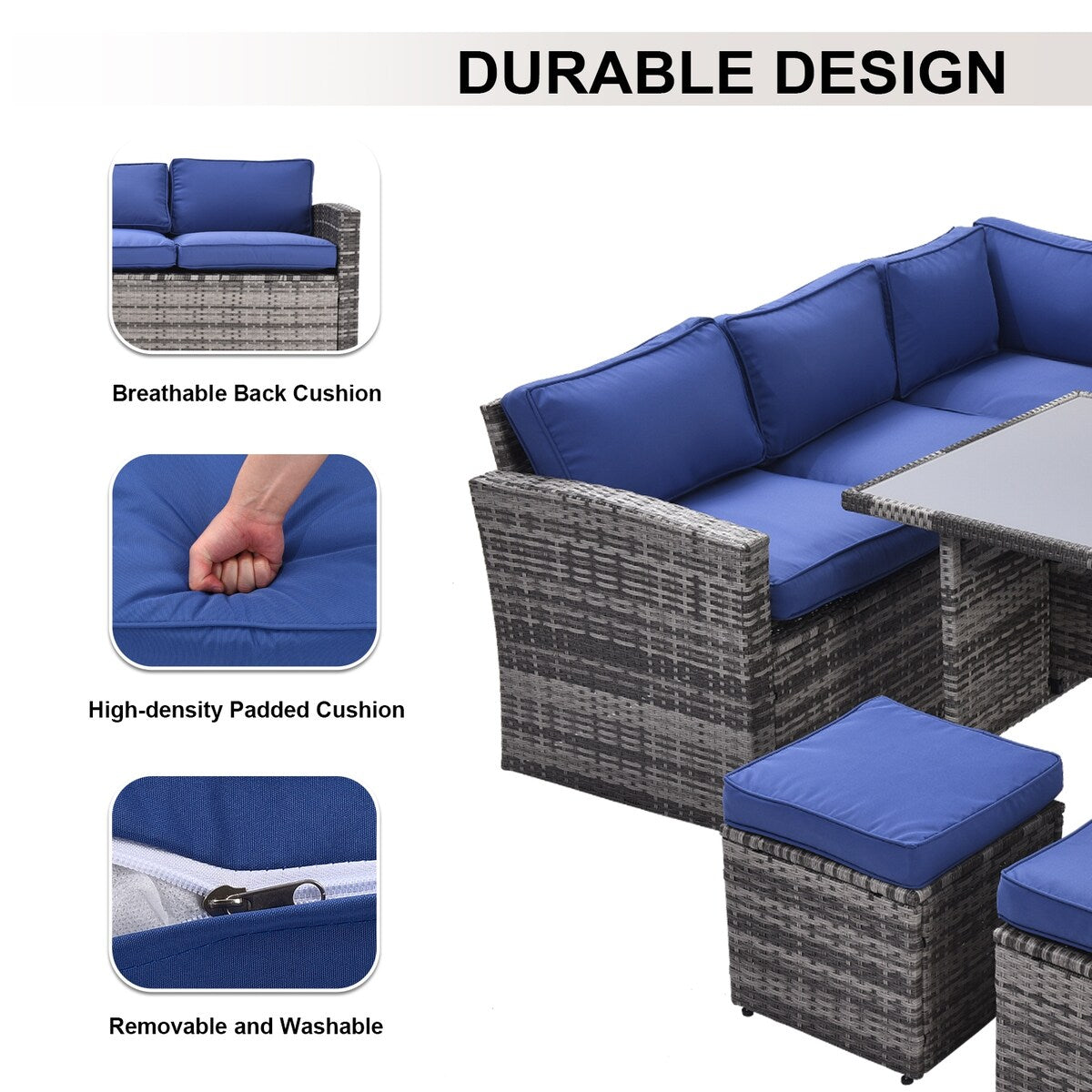 7 Pieces Outdoor Sectional Furniture Set with Table, Chairs & Ottomans