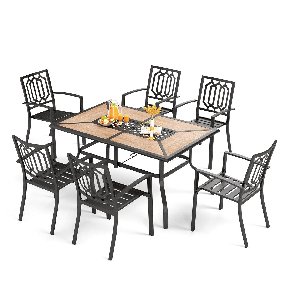 MAISON ARTS 7 Pieces Patio Dining Set Steel Outdoor Furniture Set with 6 Steel Garden Chairs and 1 Patio Umbrella Table