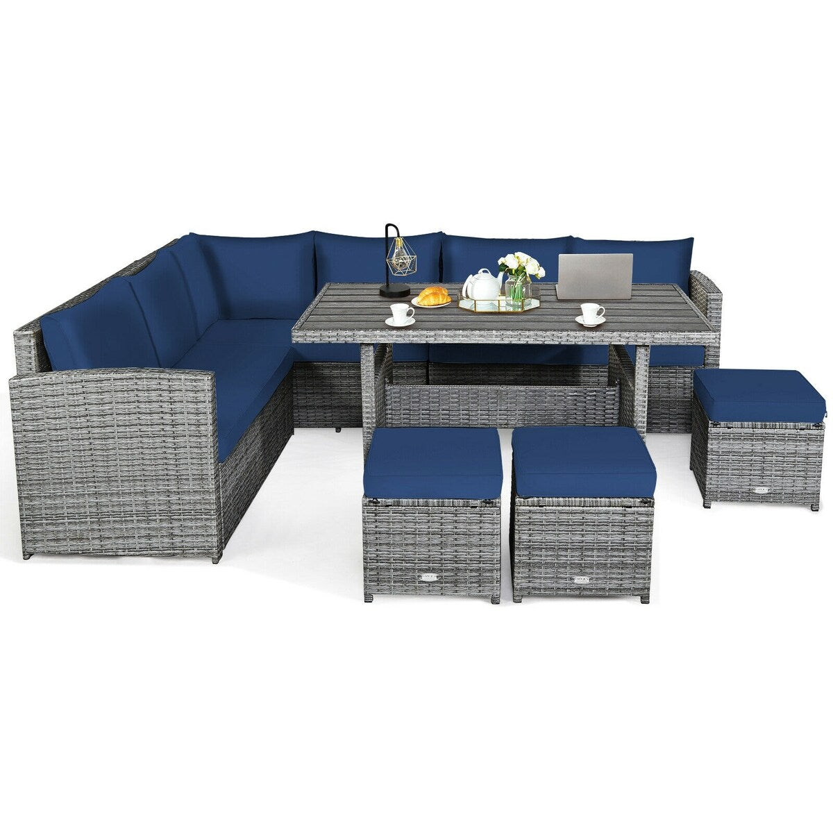 7 Pieces Patio Rattan Dining Furniture Sectional Sofa Set with Wicker Ottoman - Table: 52" x 30" x 26"