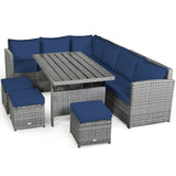 7 Pieces Patio Rattan Dining Furniture Sectional Sofa Set with Wicker Ottoman - Table: 52" x 30" x 26"