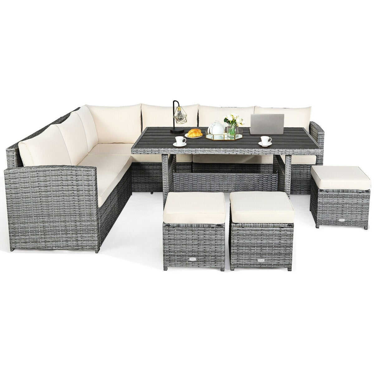 7 Pieces Patio Rattan Dining Furniture Sectional Sofa Set with Wicker Ottoman - Table: 52" x 30" x 26"