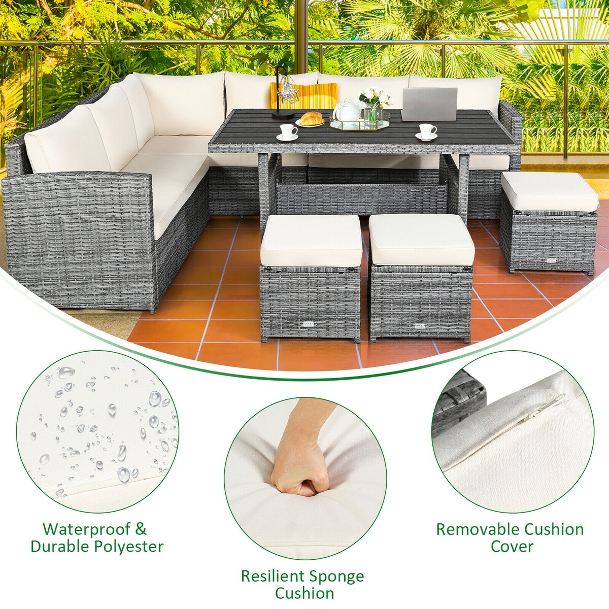 7 Pieces Patio Rattan Dining Furniture Sectional Sofa Set with Wicker Ottoman - Table: 52" x 30" x 26"