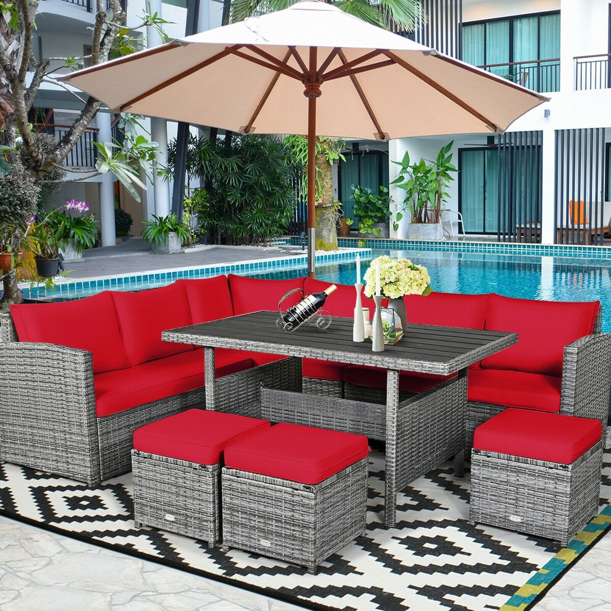7 Pieces Patio Rattan Dining Furniture Sectional Sofa Set with Wicker Ottoman - Table: 52" x 30" x 26"