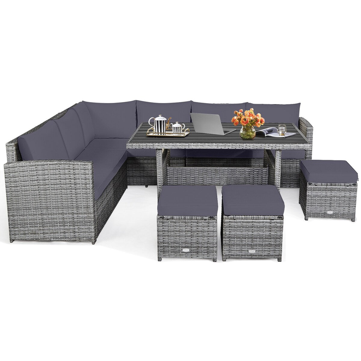 7 Pieces Patio Rattan Dining Furniture Sectional Sofa Set with Wicker Ottoman - Table: 52" x 30" x 26"