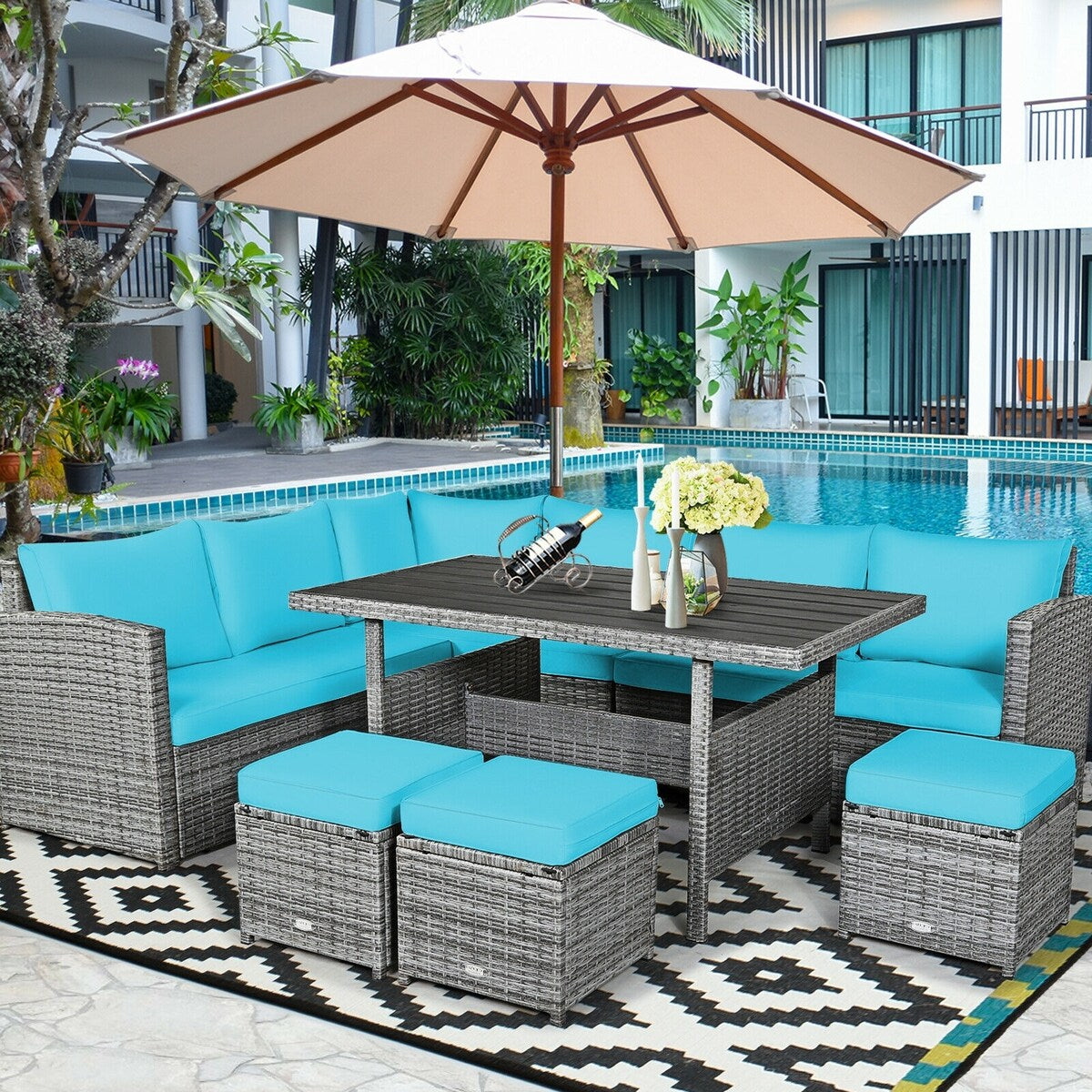 7 Pieces Patio Rattan Dining Furniture Sectional Sofa Set with Wicker Ottoman - Table: 52" x 30" x 26"