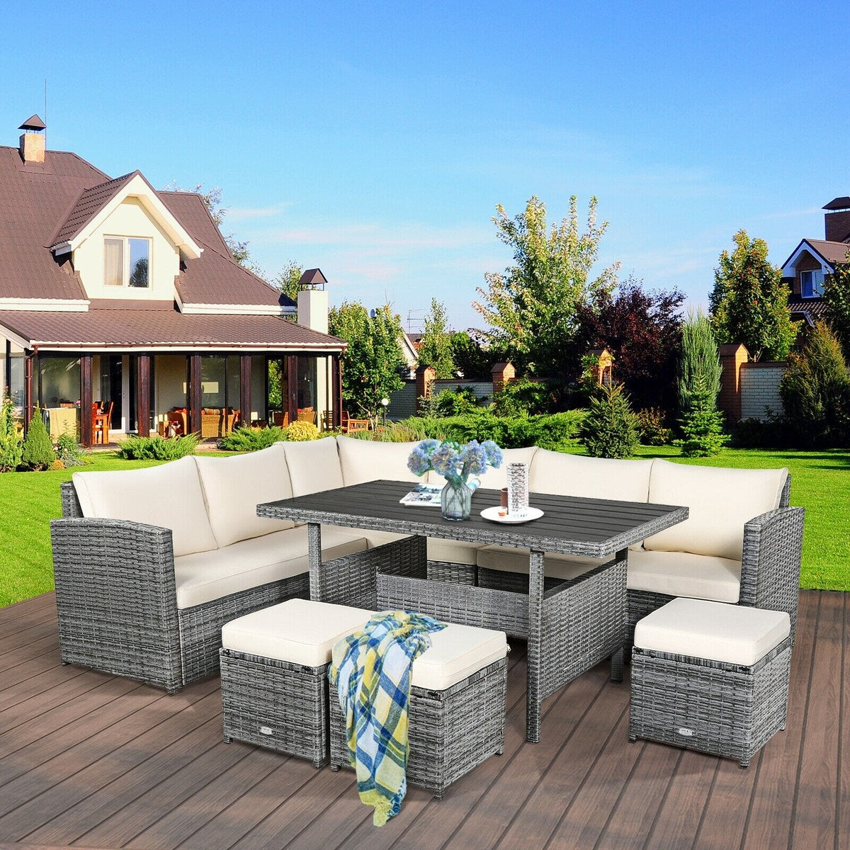 7 Pieces Patio Rattan Dining Furniture Sectional Sofa Set with Wicker Ottoman - Table: 52" x 30" x 26"