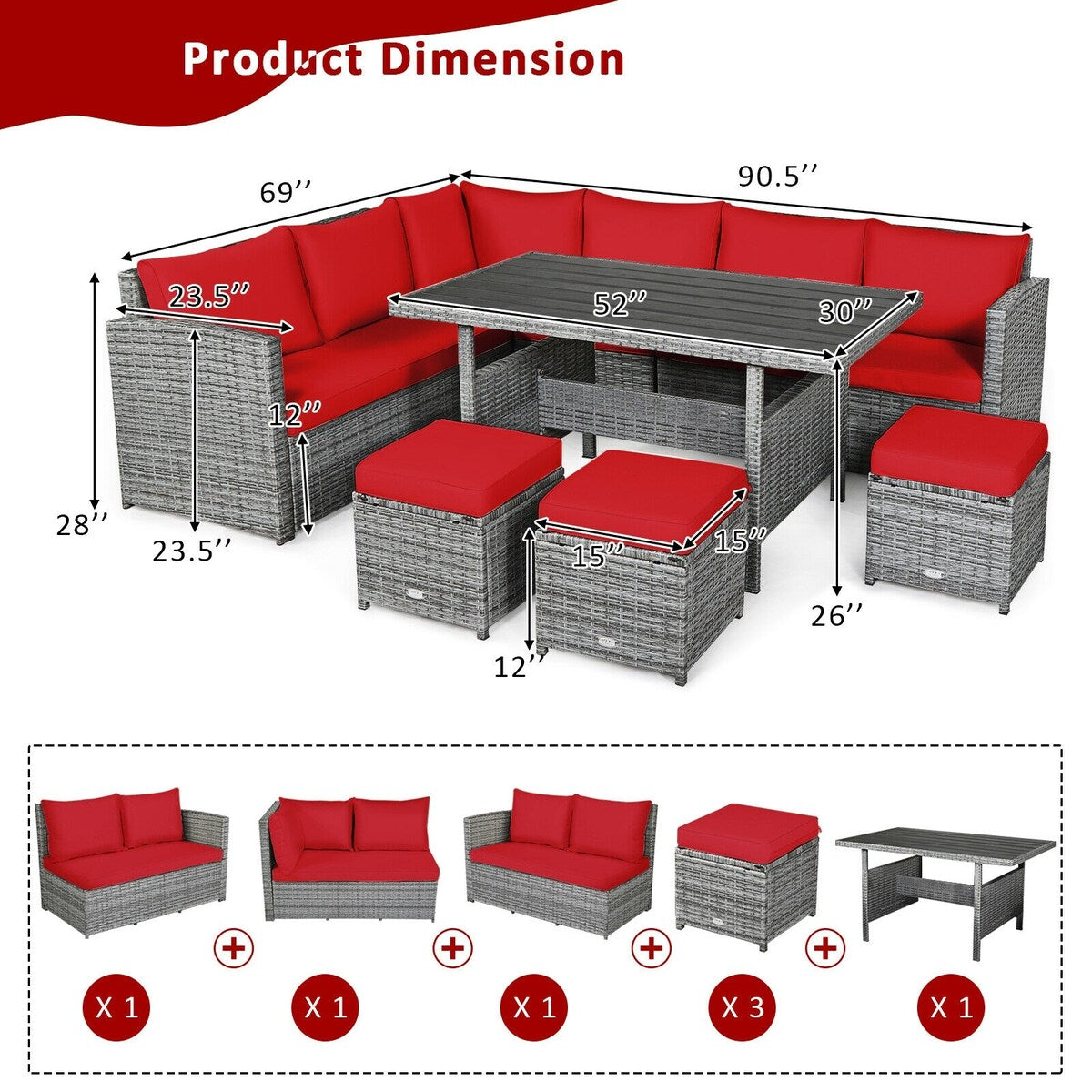 7 Pieces Patio Rattan Dining Furniture Sectional Sofa Set with Wicker Ottoman - Table: 52" x 30" x 26"