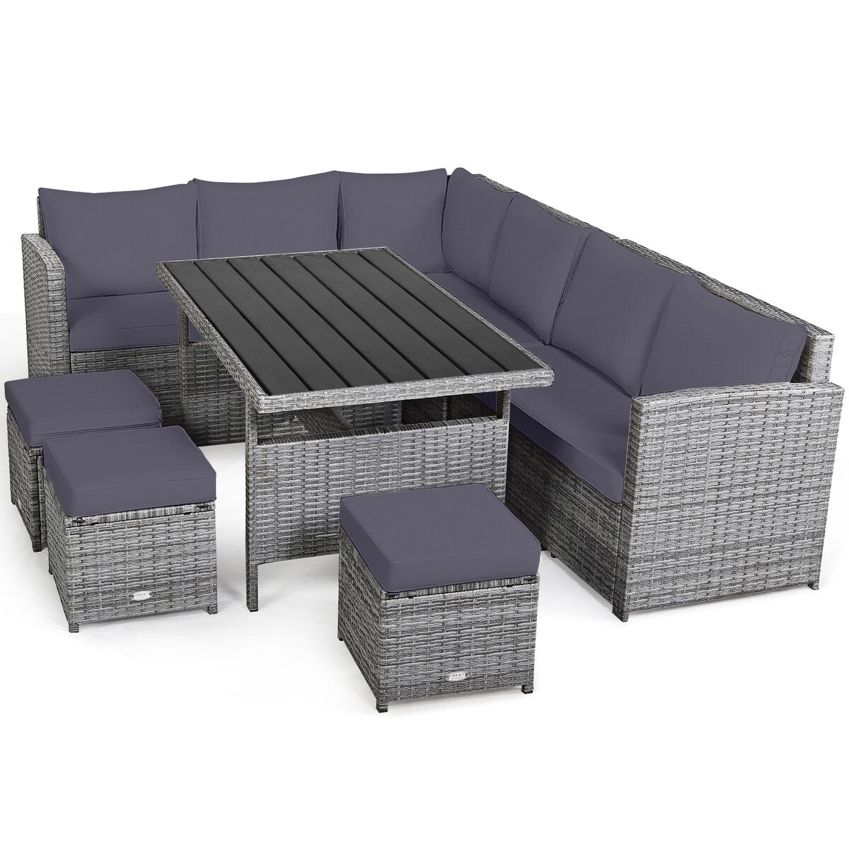 7 Pieces Patio Rattan Dining Furniture Sectional Sofa Set with Wicker Ottoman - Table: 52" x 30" x 26"