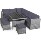 7 Pieces Patio Rattan Dining Furniture Sectional Sofa Set with Wicker Ottoman - Table: 52" x 30" x 26"