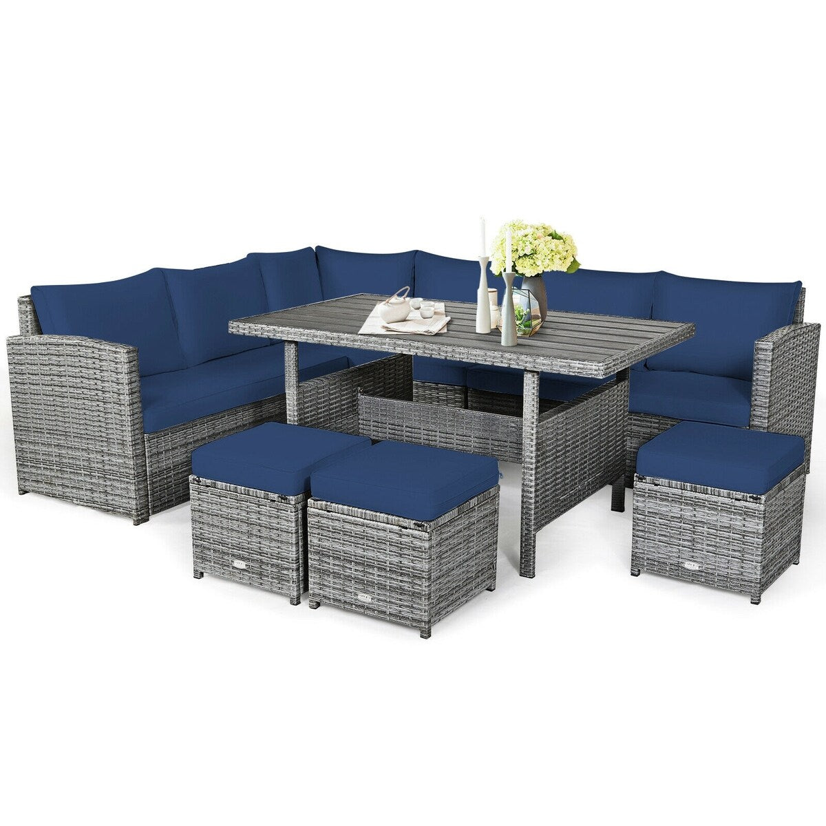 7 Pieces Patio Rattan Dining Furniture Sectional Sofa Set with Wicker Ottoman - Table: 52" x 30" x 26"