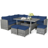 7 Pieces Patio Rattan Dining Furniture Sectional Sofa Set with Wicker Ottoman - Table: 52" x 30" x 26"