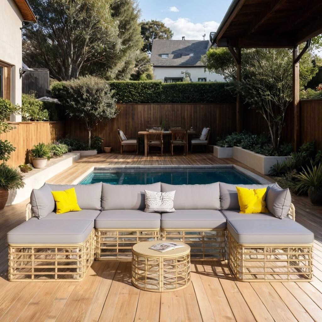 7 Pieces Rattan Outdoor Patio Furniture Sectional Sofa Set with Cushions, Freely Combined Conversation Sets with Pillows, Gray