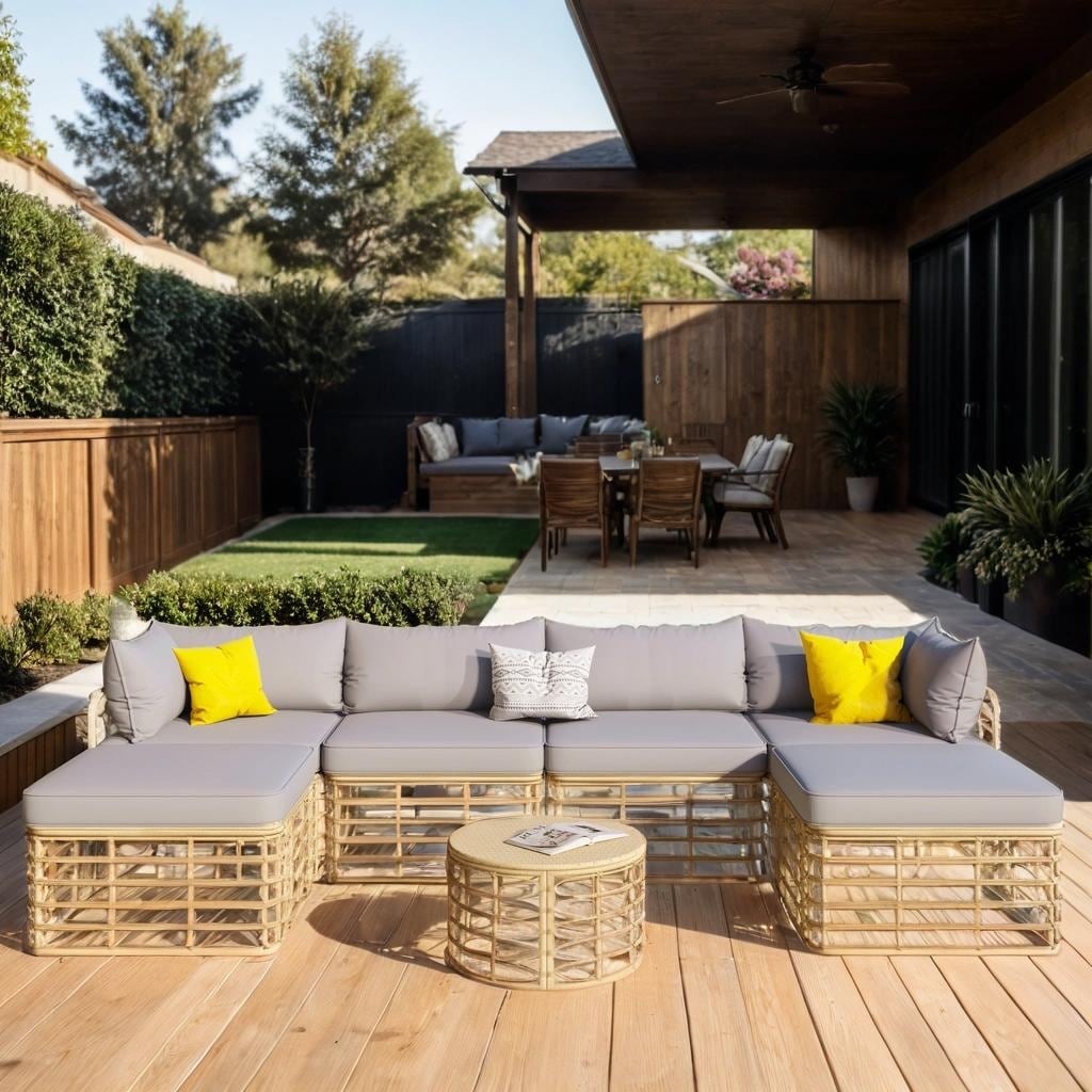 7 Pieces Rattan Outdoor Patio Furniture Sectional Sofa Set with Cushions, Freely Combined Conversation Sets with Pillows, Gray