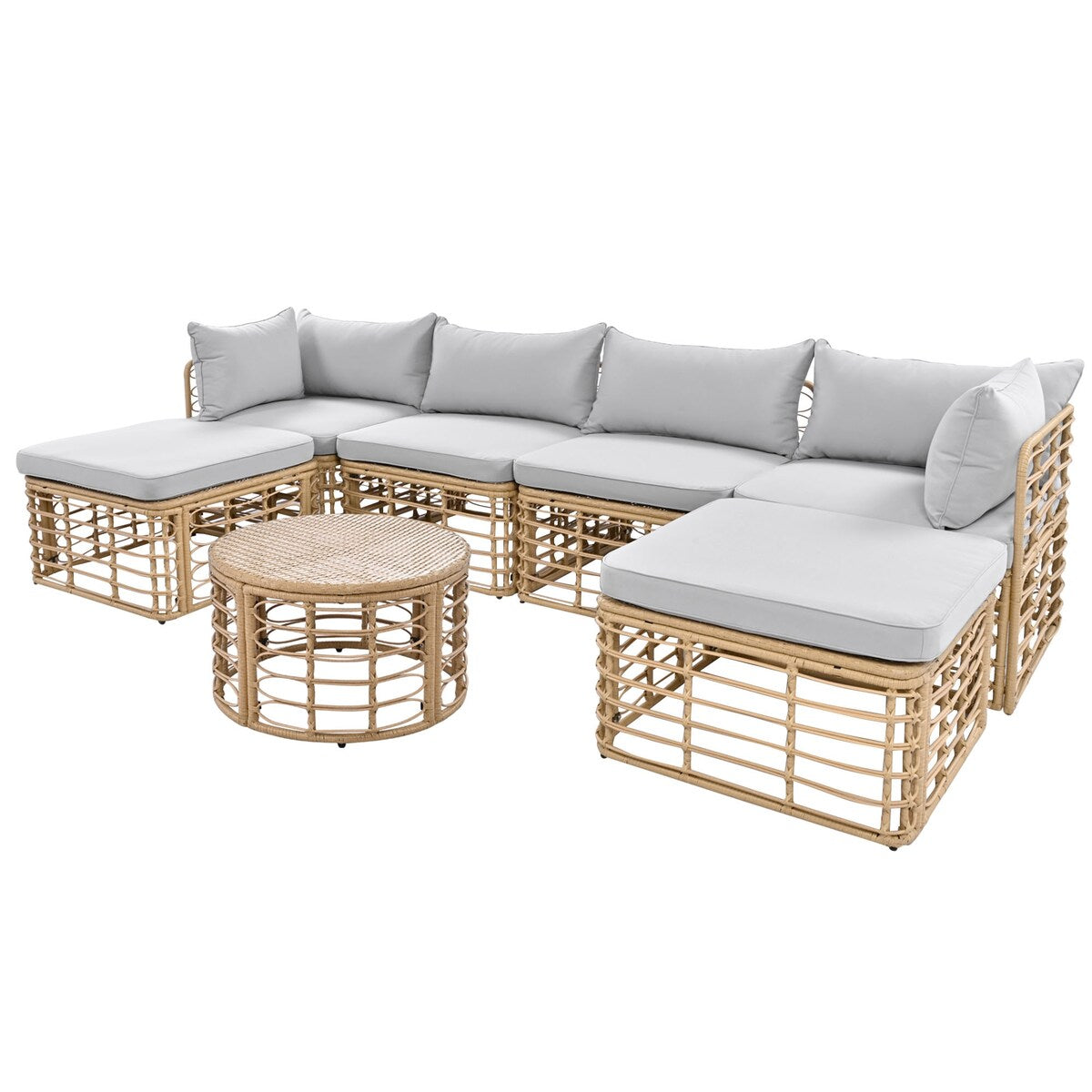7 Pieces Rattan Outdoor Patio Furniture Sectional Sofa Set with Cushions, Freely Combined Conversation Sets with Pillows, Gray