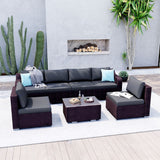 7-Pieces Red Wicker Outdoor Sectional Set with Gray Cushions and Coffee Table