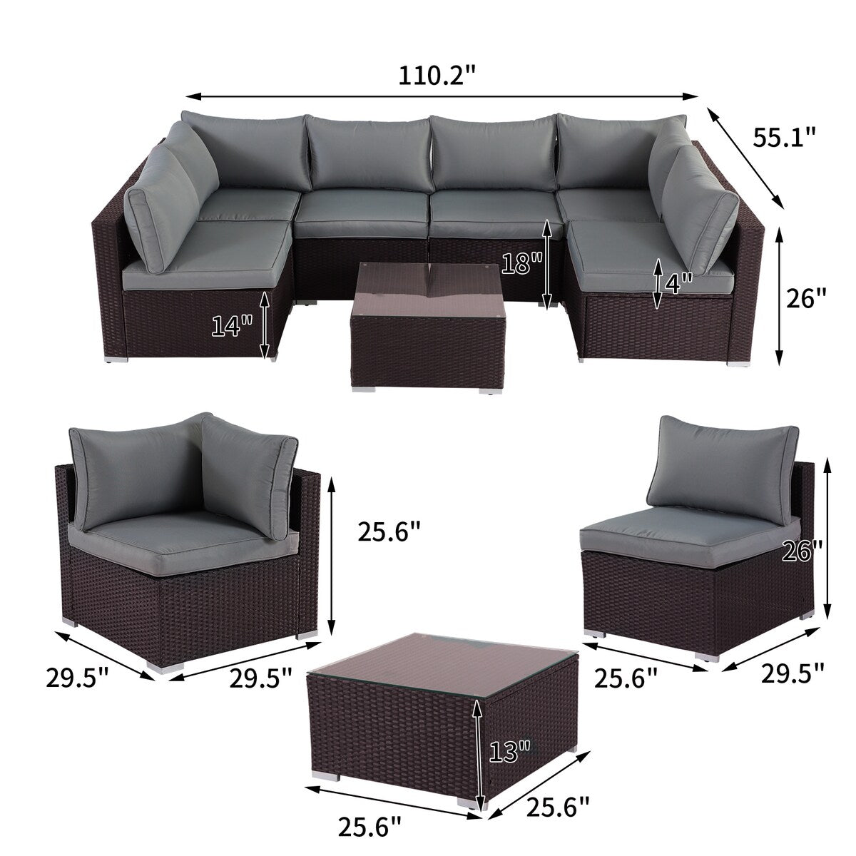 7-Pieces Red Wicker Outdoor Sectional Set with Gray Cushions and Coffee Table