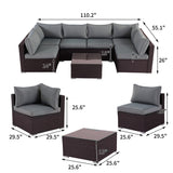 7-Pieces Red Wicker Outdoor Sectional Set with Gray Cushions and Coffee Table